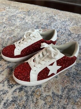 Red Glitter Star Sneakers with White Accents